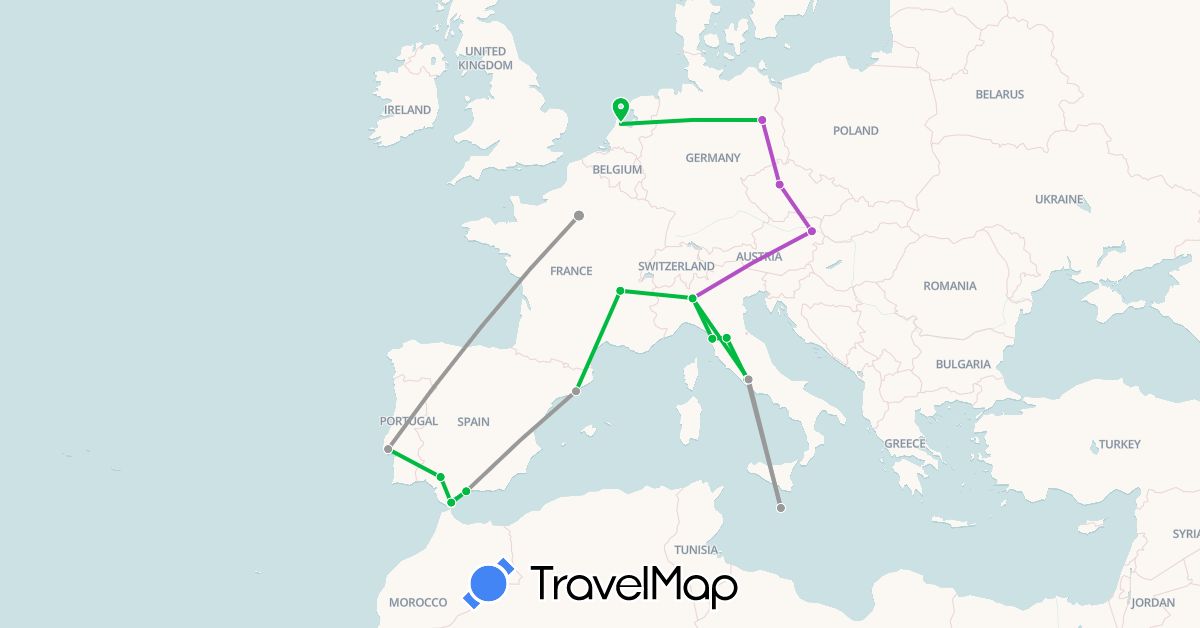 TravelMap itinerary: driving, bus, plane, train in Austria, Czech Republic, Germany, Spain, France, Gibraltar, Italy, Malta, Netherlands, Portugal (Europe)